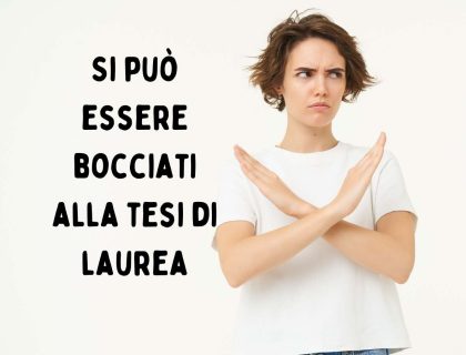Donna con braccia incrociate e testo "Si può essere bocciati alla tesi di laurea?"