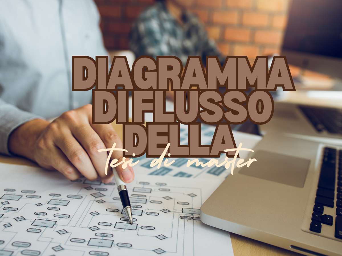 Dettaglio di uno studente che lavora su un diagramma di flusso per la tesi di master in un ambiente di studio.